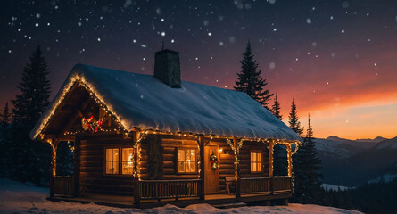 Canvas Print - Cozy cabin with holiday lights glowing background