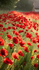 Blurred and defocused image of red beautiful poppies bloom, poppy red flowers meadow