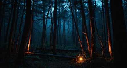 Wall Mural - Creepy dark forest glowing lights abstract background