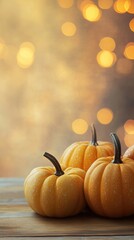 Wall Mural - Three pumpkins are sitting on a wooden table