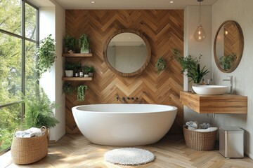 Sticker - Modern Bathroom Interior Design with Wooden Accents and Lush Greenery