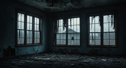 Poster - Creepy haunted house with broken windows background