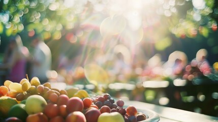 Wall Mural - Sunlight bathes an outdoor table adorned with a vibrant array of fresh fruit, blurring into the lively background of a sun-dappled gathering.