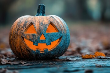 Wall Mural - A pumpkin with a smiley face on it is sitting on the ground