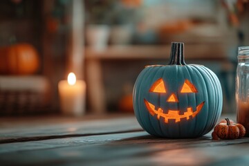 Wall Mural - A blue pumpkin with a smiley face on it sits on a wooden table