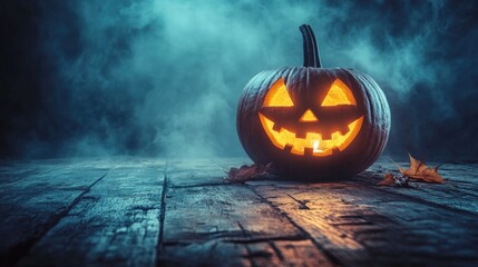 Wall Mural - A pumpkin with a smiley face on it is sitting on a wooden table