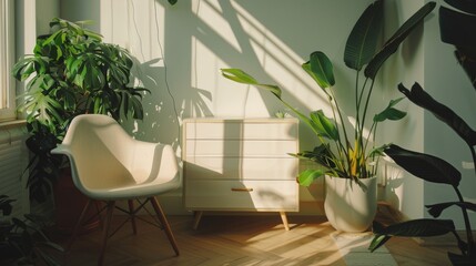 Wall Mural - Sunlight filters through lush indoor plants, casting gentle shadows on a minimalist chair and cabinet in a serene, well-lit room.