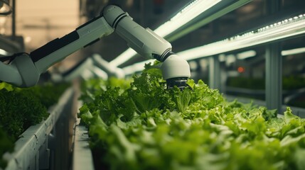 Poster - Advanced robotic technology harvesting leafy lettuce in a vertical farm, focusing on automation and efficiency in urban agriculture