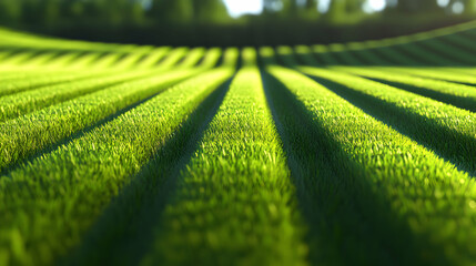 Close-up of a field of green grass with rows of lines.