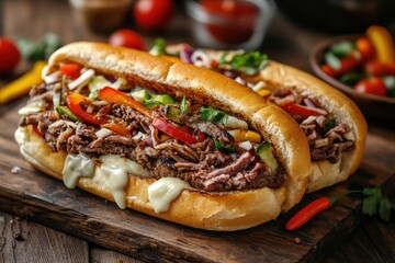 Wall Mural - Philadelphia cheese steak sandwich on wood table street food