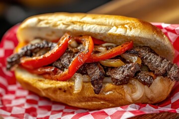 Sticker - Philly Cheese Steak Sandwich with rib eye steak peppers onions on checkered paper Close up