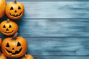 Wall Mural - A blue background with a row of orange pumpkins with their eyes open