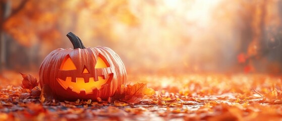 Wall Mural - A pumpkin with a scary face is sitting on a pile of leaves