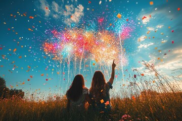 Wall Mural - Two girls watching a fireworks display