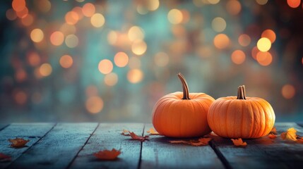 Wall Mural - Two pumpkins are sitting on a wooden table with leaves scattered around them