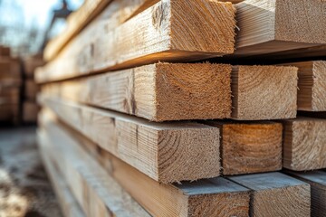 Poster - Pile of wood beams for building construction Big close up wooden boards