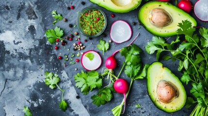 Wall Mural - A flat lay of fresh ingredients, including avocados, radishes, cilantro, and spices, arranged on a textured dark background, ready for preparation.