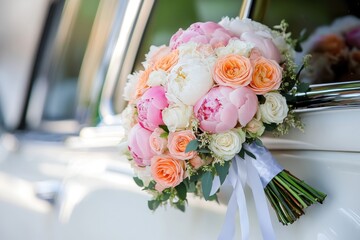 Poster - Pink and orange rose wedding bouquet with white ribbons on white car in daylight