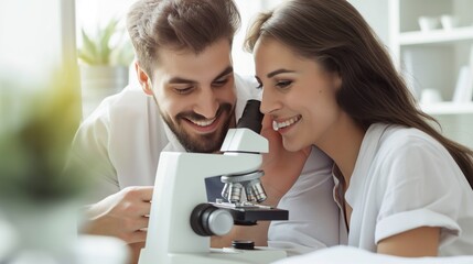 young couple smiling while looking through a microscope, close-up photo of a happy woman using a microscope with her husband at home or in a lab, concept for science research