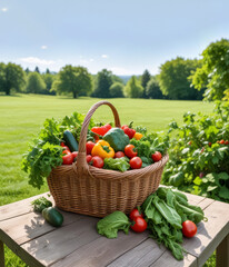 Wicker basket with fresh vegetables and herbs against a summer landscape