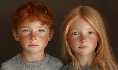 Portrait of two young children with freckles and green eyes, looking at the camera.