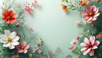 Wall Mural - Pastel floral border of springtime tranquility adorned with soft blooms and lush greenery, inviting creative inspiration on a blank page.