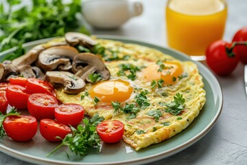 Poster - Plate with omelet tomatoes mushrooms coriander and orange juice