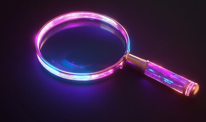 Poster - Neon-Lit Magnifying Glass on a Dark Background