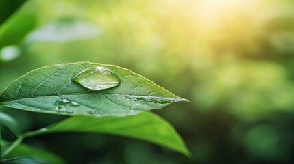 Crystal-clear water droplet on a fresh green leaf with blurred forest background