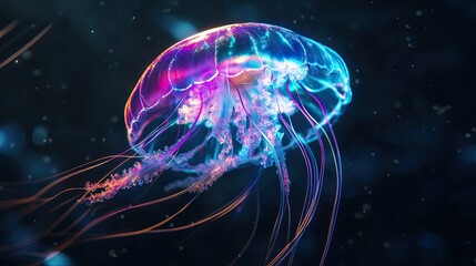 Iridescent transparent jellyfish floating in a dark ocean vibrant colors bioluminescence detailed textures ultra-realistic