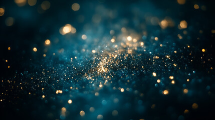 Aufkleber - A close-up view of shimmering golden and blue particles resembling a starry night in a dark cosmic space