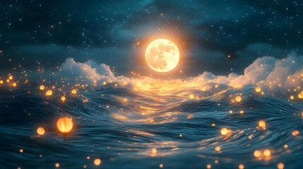 Wall Mural - 3D Abstract Digital Art of a Glowing River Under Full Moon - Mid Autumn Festival Lanterns & Luminous Waves, Wide Shot, Icon on White Background