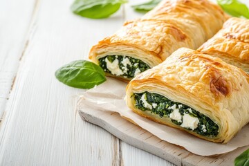 Poster - Spinach and feta cheese stuffed in puff pastry on a wooden surface