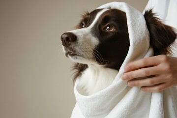 Grey background with cute Australian Shepherd dog and woman applying cosmetic oil