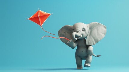 Poster - A cartoon elephant holding a kite on a blue background.