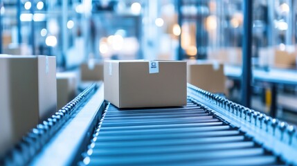 Poster - Close-up of a modern assembly line with a conveyor belt transporting boxes in a high-tech manufacturing plant