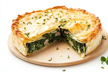 Poster - Spinach and ham pie with filo pastry on white background homemade