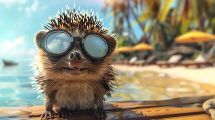 Poster - A cartoon hedgehog wearing sunglasses on a surfboard at a beach.