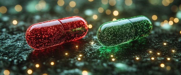 Two colorful capsules on a textured surface with soft lighting.