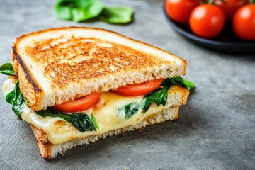 Canvas Print - Spinach and tomato grilled cheese on concrete background