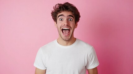 A man with a big smile on his face is wearing a white shirt