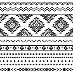 Ancient echoes Aztec geometric seamless patterns southwest Navajo Native American tribal ethnic black and white for textile printing