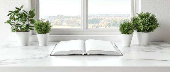 Poster - In this minimalist workspace, products are displayed on a white table with copy space.