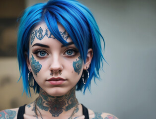 Young girl with blue hair, tattoos and facial piercings.