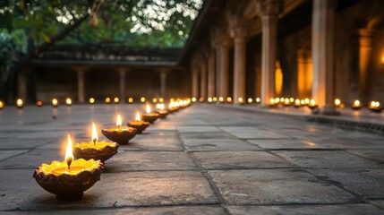 A temple courtyard filled with glowing diyas, creating a serene and spiritual Diwali setting