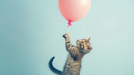 Wall Mural - A kitten playing with a pink balloon in front of a blue background.