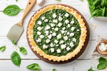 Sticker - Spinach pie with feta on wooden background