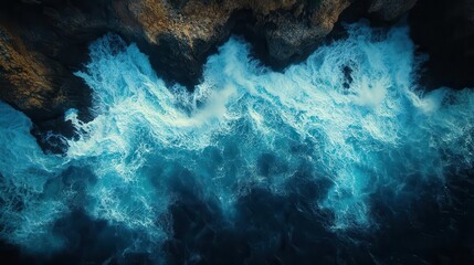 aerial view of turquoise ocean waves crashing against rugged rocky coastline white foam contrasts with dark rocks creating a mesmerizing pattern from above