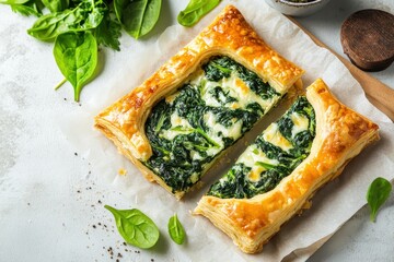 Sticker - Spinach puff pastry on white table top view