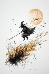 A mystical witch flying on a broomstick under a full moon, surrounded by swirling leaves and silhouettes of birds.